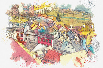 A watercolor sketch or an illustration of the traditional architecture in Cesky Krumlov in the Czech Republic.