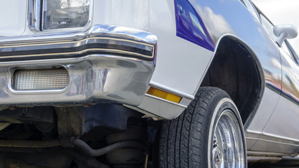 Old retro car are white and blue