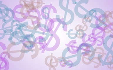 Multicolored translucent dollar signs on white background. Red tones. 3D illustration