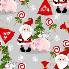 Seamless pattern with Christmas pig on winter background.  For printing on fabric, postcards, paper. Vector illustration.