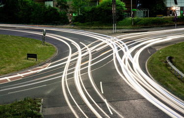 A long exposure of light trails on a roundabout in Bournemouth, UK