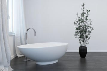 Freestanding bathtub with potted plant