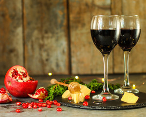 red wine in glasses, festive atmosphere. new Year. Top view. food background copy space