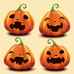 Set of cute realistic pumpkins with different faces for Halloween.