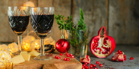red wine in glasses, festive atmosphere. new Year. Top view. food background copy space