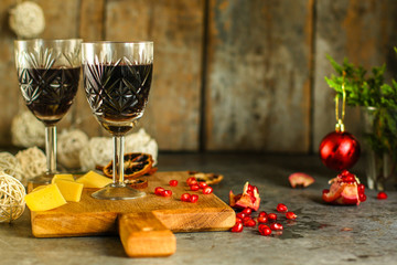 Naklejka na ściany i meble red wine in glasses, festive atmosphere. new Year. Top view. food background copy space