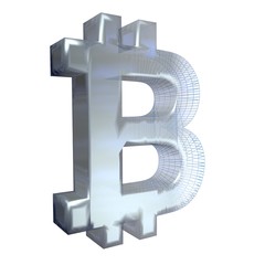 Bitcoin sign, platinum or silver turns into a blue grid on a white background. 3D illustration