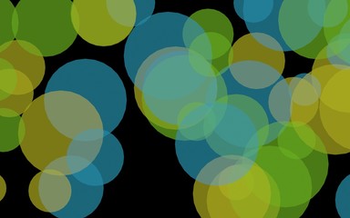 Multicolored translucent circles on a dark background. Green tones. 3D illustration