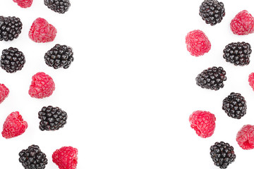 blackberry and raspberry isolated on white background. Top view with copy space for your text. Flat lay pattern