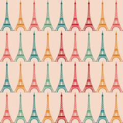 Cute colorful eiffel tower row vector pattern, seamless repeat on light beige background. Great for greeting cards, wallpapers, textile design, wrapping paper, scrapbooking, home decor etc.