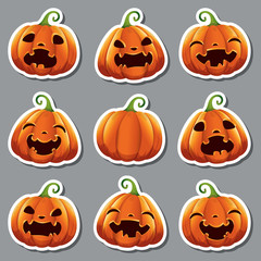 Stickers with cute realistic vector pumpkins with different faces for Halloween.