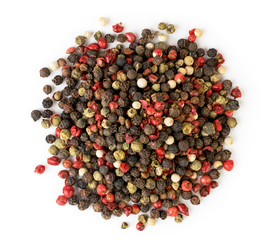 A bunch of pepper mix peas on a white. The view from the top.