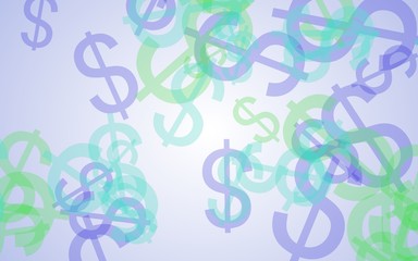 Multicolored translucent dollar signs on white background. Green tones. 3D illustration
