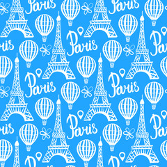 Winter seamless pattern. Paris Eiffel Tower. Vector white illustration isolated on blue background. - 225206840