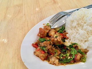 Basil Crispy pork with Rice. The most popular menu in Thailand.