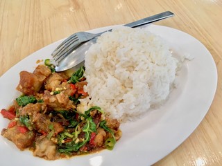 Basil Crispy pork with Rice. The most popular menu in Thailand.
