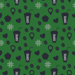 Seamless pattern of coffee. Vector illustration of stickers isolated on a green background.