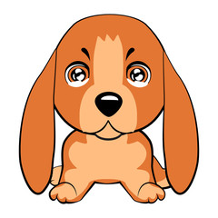 Happy cartoon puppy sitting, Dog friend. Vector illustration. Isolated on white background.