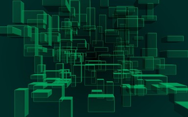 Green and dark abstract digital and technology background. The pattern with repeating rectangles. 3D illustration