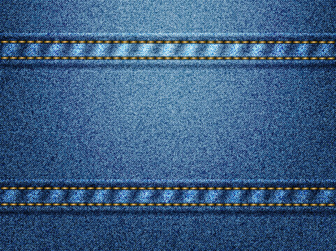 Blue denim background with golden thread stitches