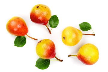 ripe red yellow pear fruits with leaf isolated on white background. Top view. Flat lay pattern