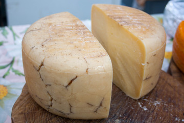 Very old parmesan type yellow cheese wheel with cracks