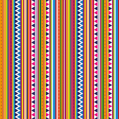 Colorful geometric tribal columns with stripes, dots and triangles. Seamless bright vector repeat pattern with positive vibes. Great for textiles or birthday wrapping paper.