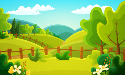 Colorful countryside landscape of fenced fields, bushes and trees. Summer season with green grass, flowers and blue sky. Vector illustration.