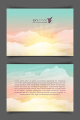 Two-sided horizontal flyer of a4 format with realistic turquoise-yellow sky and cumulus clouds. The image can be used to design a banner, flyer and postcard.