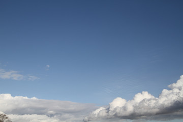 A blue sky with the moon and various formations of cloud at the bottom.