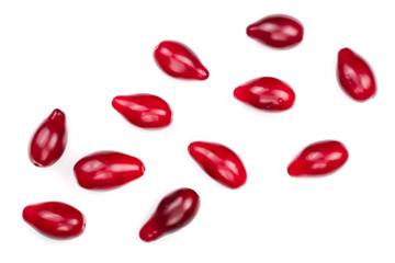 Red berries of cornel or dogwood isolated on white background with copy space for your text. Top view. Flat lay