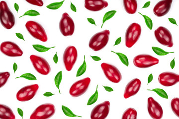 Red berries of cornel or dogwood decorated with leaves isolated on white background. Top view. Flat lay