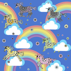 Cute background with cartoon unicorns in the clouds