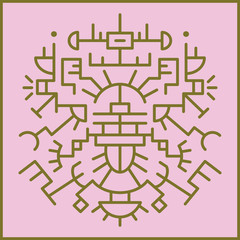 Striking geometric maya inspired graphic element on pink background. Perfect motif for interior or tattoo design. Abstract vector composition made of lines, angles and surfaces.