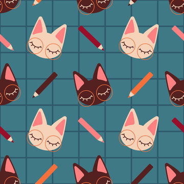 Lovely studiying kitten vector pattern in warm vintage colors on blue checkered background, seamless repeat. Trendy clean cartoon style. Great for stationery design, fabrics, cards, packaging etc.