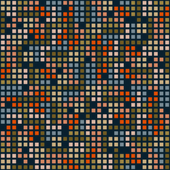 Colorful pixel mesh pattern, seamless repeat on dark blue background. Muted palette with bright highlights. Great for apparel & interior design, backgrounds, abstract wallpapers, paper products etc.