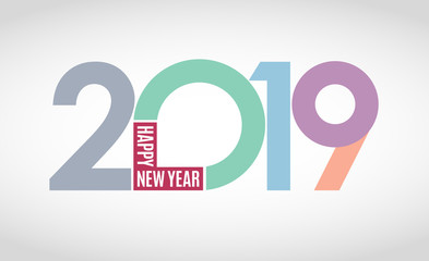 Happy 2019 new year. Pastel, subtle light-colored numbers on white background. 