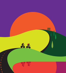 Huge sun goes down behind the hills. Two men ride bicycles on road. Their silhouettes reflect in water. Bright colorful design.