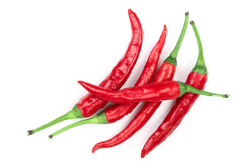 red hot chili peppers isolated on white background. Top view. Flat lay pattern