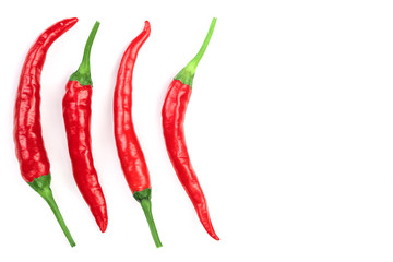 red hot chili peppers isolated on white background with copy space for your text. Top view. Flat lay pattern