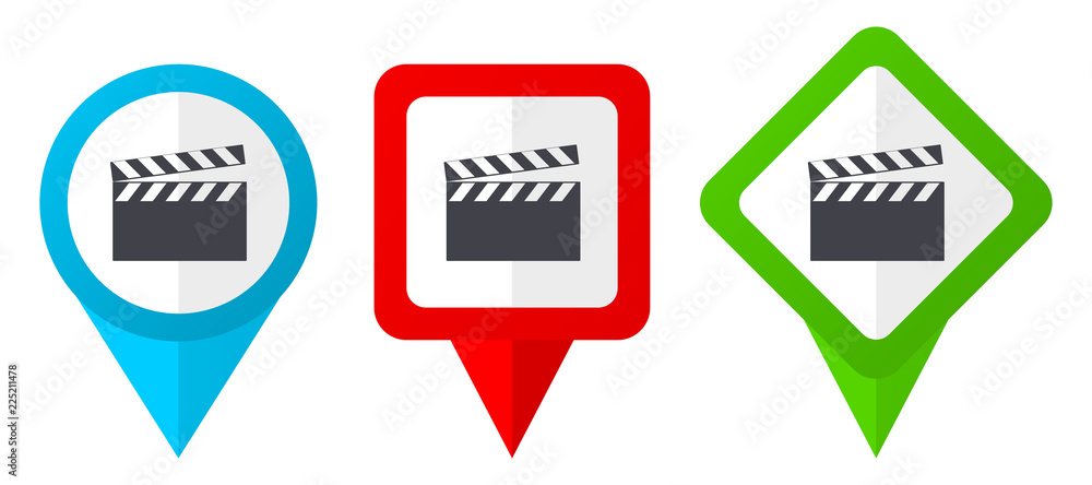Aufkleber video red, blue and green vector pointers icons. set of colorful location markers isolated on white 
