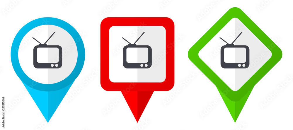 Poster tv red, blue and green vector pointers icons. set of colorful location markers isolated on white bac