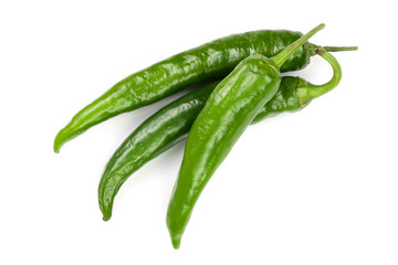 green hot chili peppers isolated on white background. Top view. Flat lay pattern