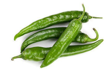 green hot chili peppers isolated on white background. Top view. Flat lay pattern