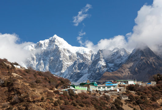 Mount Thamserku and village on the way to Everest base camp, Nepal Himalaya