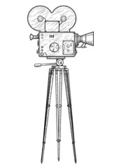Movie camera illustration, drawing, engraving, ink, line art, vector