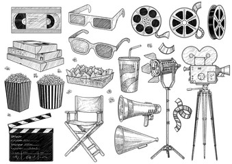 Naklejka premium Cinema, movie, collection illustration, drawing, engraving, ink, line art, vector