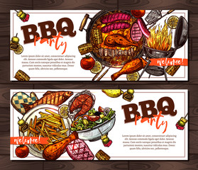 Bbq And Grill Horizontal Banners With Barbecue Party Invitation - obrazy, fototapety, plakaty