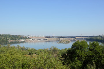 DneproGES. Hydroelectric power station on Dnieper River in Ukraine. Creation of electricity on water