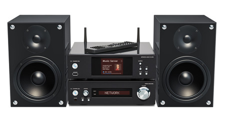 Obraz premium Home Stereo System. Network audio player, stereo receiver and speakers, 3D rendering